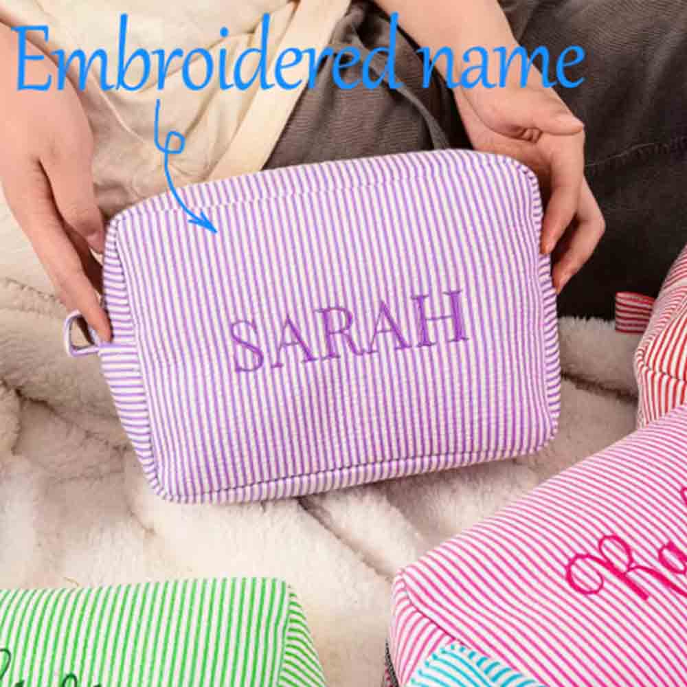 Beauty Makeup Names - Gestreifte Kosmetiktasche mit besticktem Namen, personalisierte